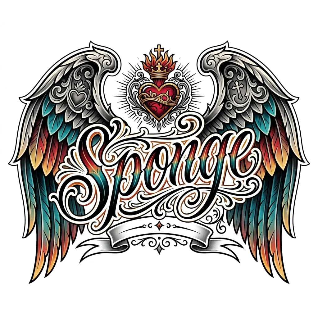 Тату эскиз: The name Sponge with angel wings in my upper back 