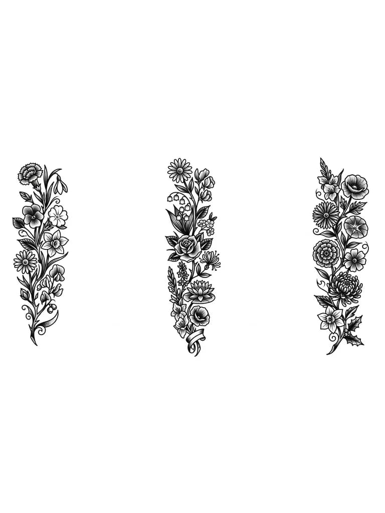 You can input a prompt like “black and gray birth flower vine wrapping around leg, each month’s birth flower in order, fine-line style.”
January 2 
February 3
March 3
April 2
June 3
July 2
Aug 2
Sep 2
Oct 1
Nov 2