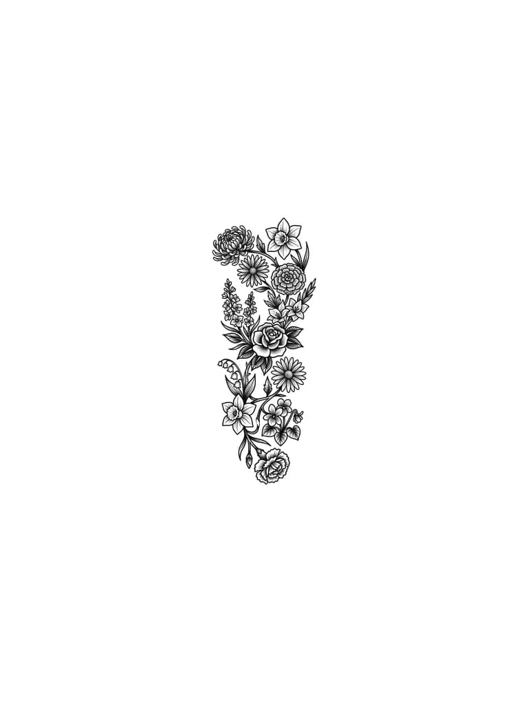 You can input a prompt like “black and gray birth flower vine wrapping around leg, each month’s birth flower in order, fine-line style.”
January 2 
February 3
March 3
April 2
June 3
July 2
Aug 2
Sep 2
Oct 1
Nov 2
Wrap around my leg. Each month is either one or more than one flowers. Blend in