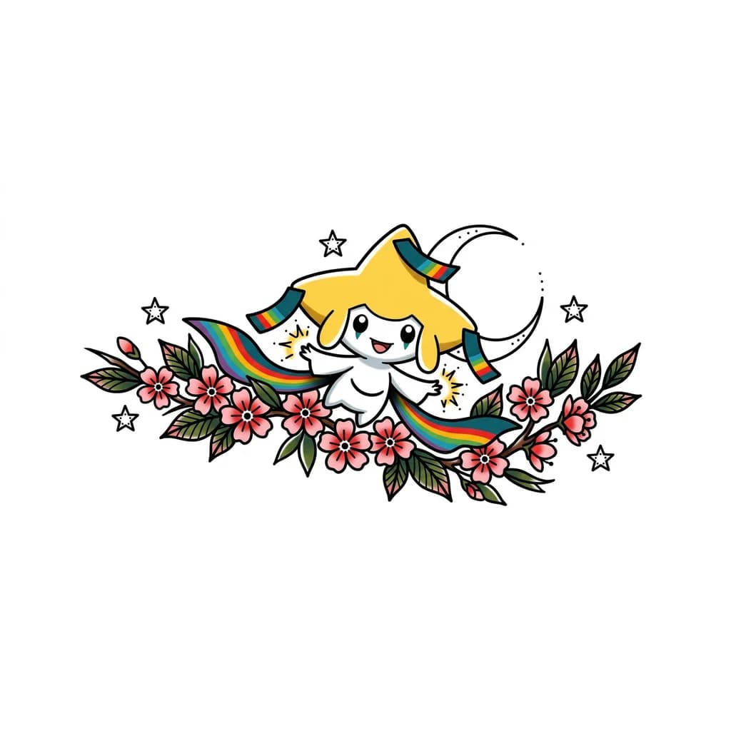 Тату эскиз: can you create a tattoo of jirachi the pokemon with cherry blossoms in American traditional style with the wish tags in rainbow symbolizing its granting a wish, 3–5 small stars scattered around composition
Tiny spark bursts near Jirachi’s hands
Optional small crescent moon behind Jirachi (thin, bold outline) for a fore arm tattoo 
Make it feminine, bold, and human posible to recreate 

