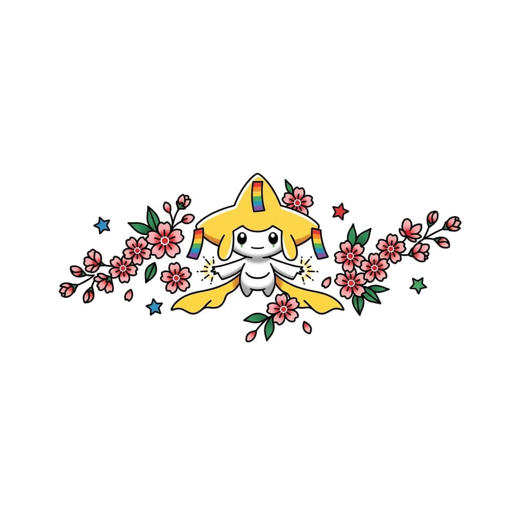 Тату эскиз: can you create a tattoo of jirachi the pokemon with cherry blossoms very little leafs mostly flowers and some stem in American traditional style with the head wish tags in rainbow symbolizing its granting a wish the bottom tails yellow  3–5 small stars scattered around composition in color 
Tiny spark bursts near Jirachi’s hands for a fore arm tattoo 
Make it feminine, bold, and human posible to recreate 

