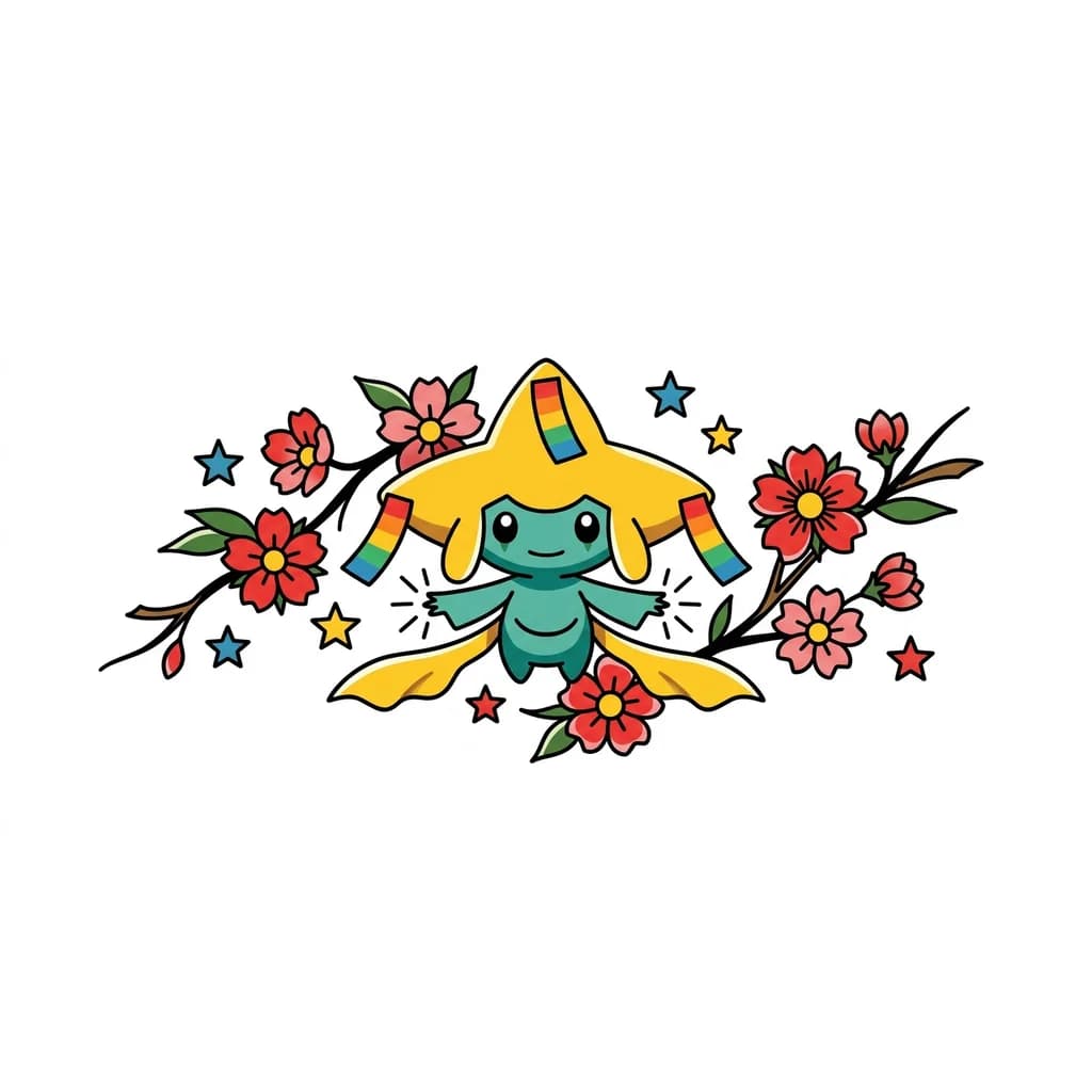 Тату эскиз: can you create a tattoo of jirachi the pokemon with a few cherry blossoms very little leafs mostly flowers and some stem in American traditional style with the head wish tags in rainbow symbolizing its granting a wish the bottom tails yellow  3–5 small stars scattered around composition in color 
Tiny spark bursts near Jirachi’s hands for a fore arm tattoo 
Make it feminine, bold, and human posible to recreate make it flowy 
