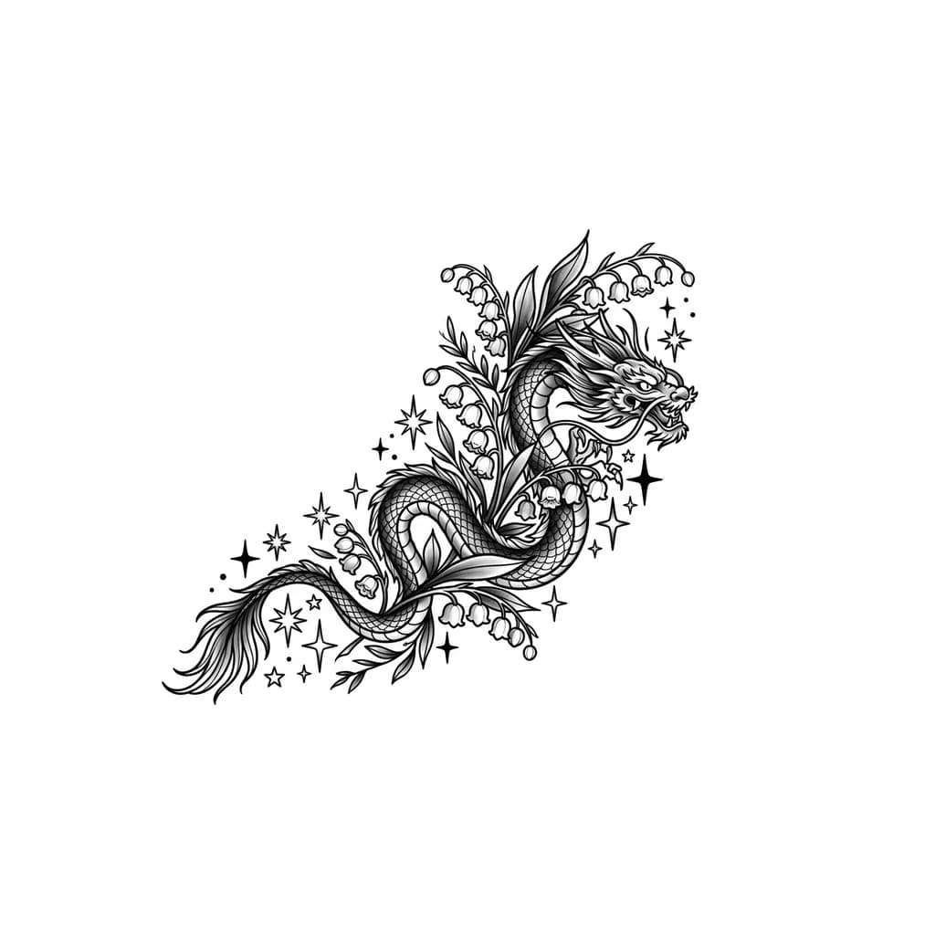 Lily of the valley flower flowing with stars and a dragon  for a arm piece