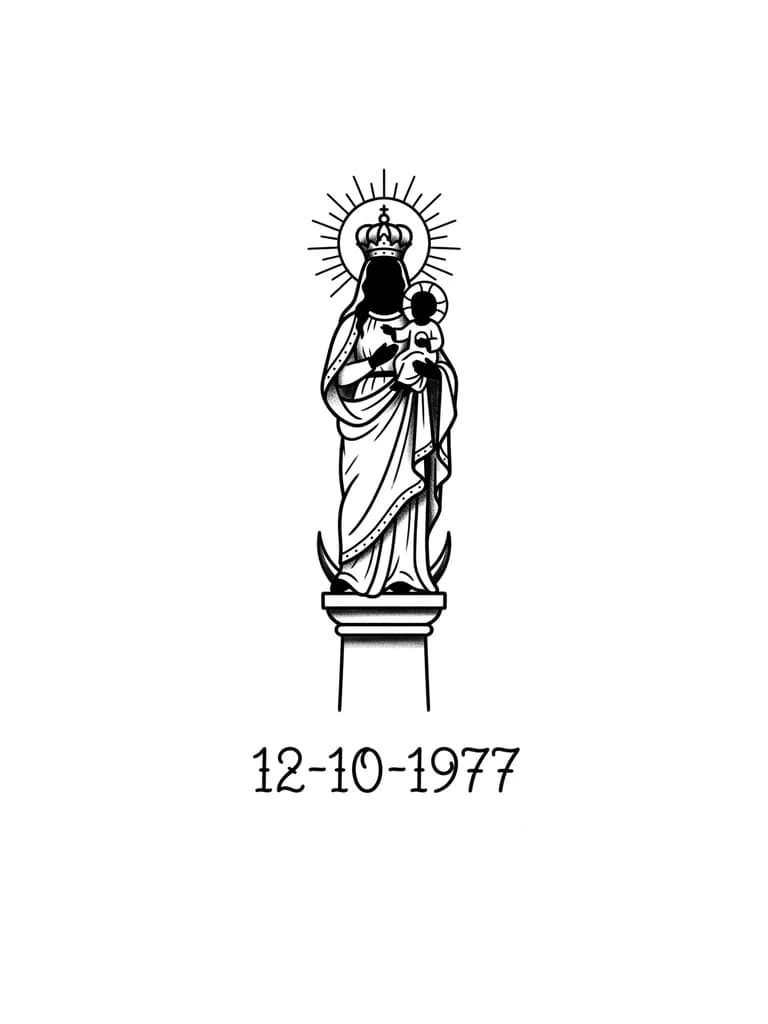 Quiero tener la silueta de la virgen del pilar, y debajo la fecha 12-10-1977, todo en finas lineas negras