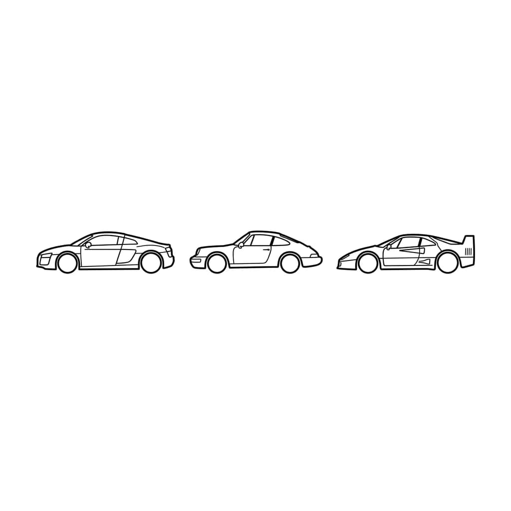 Set of three tiny fine line car silhouettes: Audi R8, 1987 Porsche 911, Ferrari F40, arranged in a row, black ink, minimalist”
