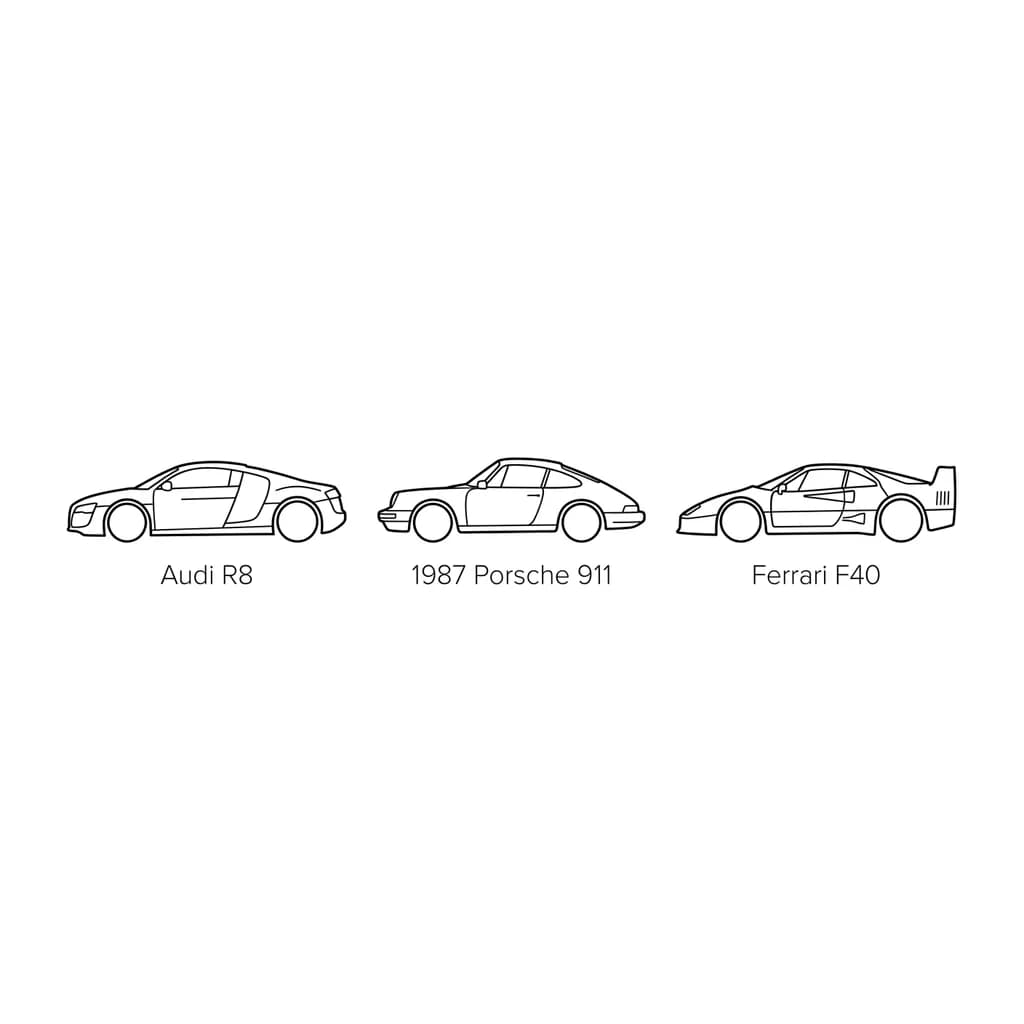 Set of three tiny fine line car silhouettes: Audi R8, 1987 Porsche 911, Ferrari F40, arranged in a row, black ink, minimalist”
