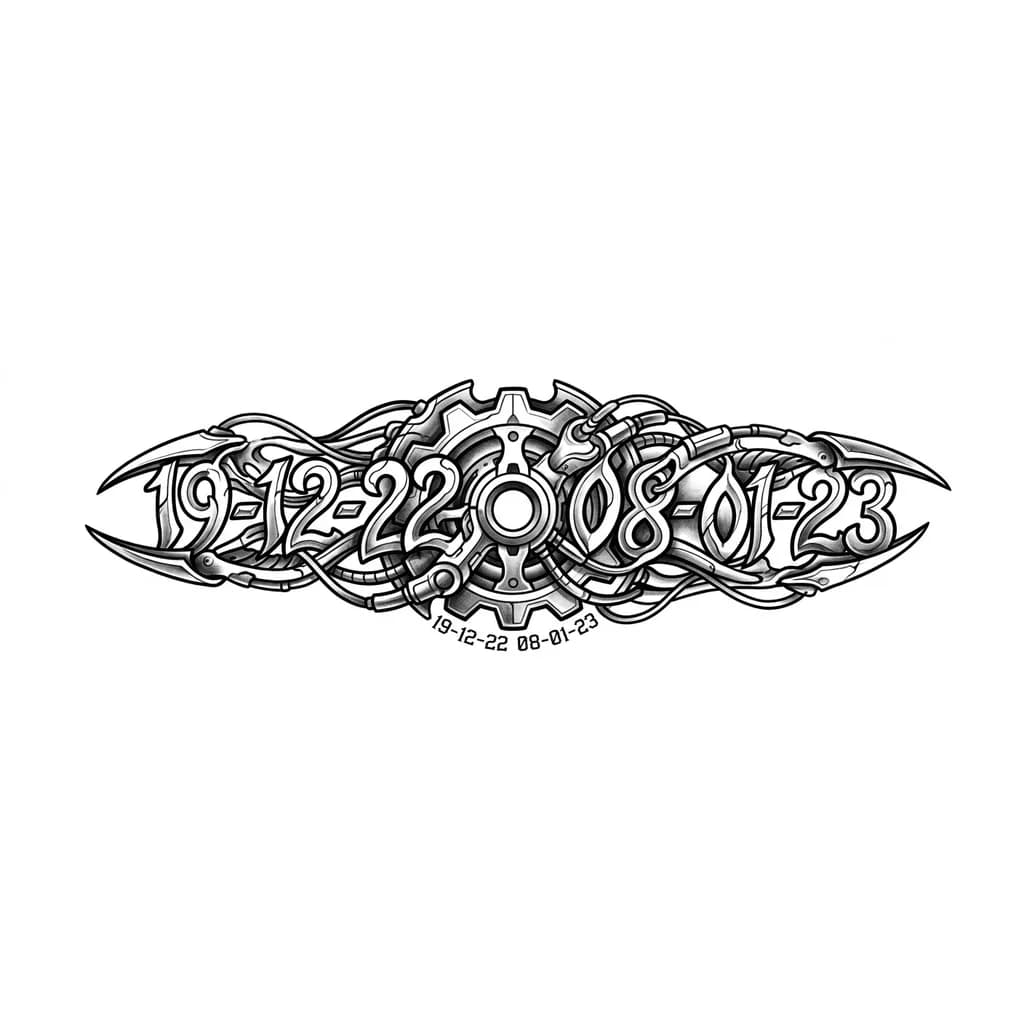 Quiero un tatuaje Minimalista, amor por dos fechas que son el 19 de diciembre de 2022 y 8 de enero de 2023, lo quiero en el antebrazo, que esté entre chico y mediano, color negro, pero que sea una fusión de las dos fechas algo que no se entienda pero que al momento de explicar tome sentido