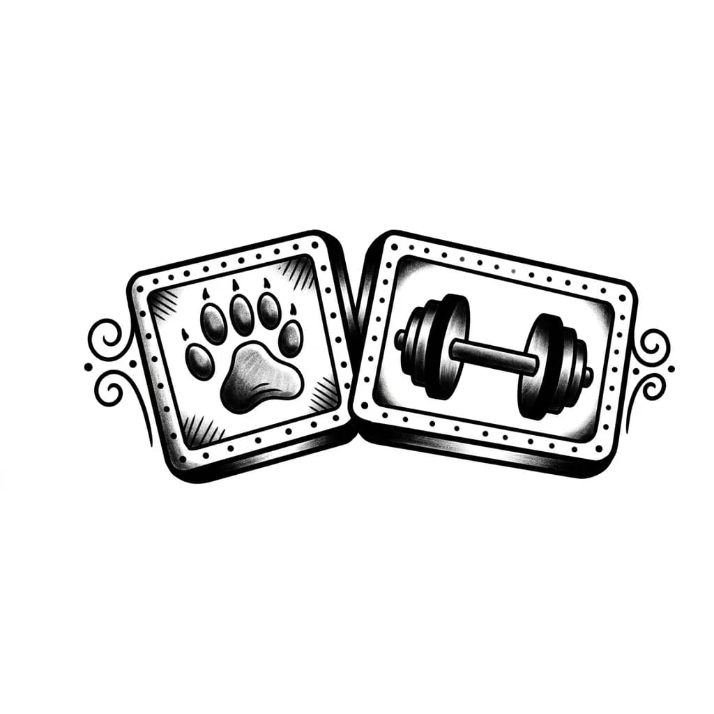 dos dominos,donde adentro tengo una huella de un perro y en la otra un mancuerna de gimnasio. Que sea una imagen para hacer un tatuaje

