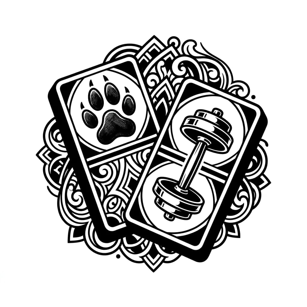 dos dominos,donde adentro tengo una huella de un perro y en la otra un mancuerna de gimnasio. Que sea una imagen para hacer un tatuaje

