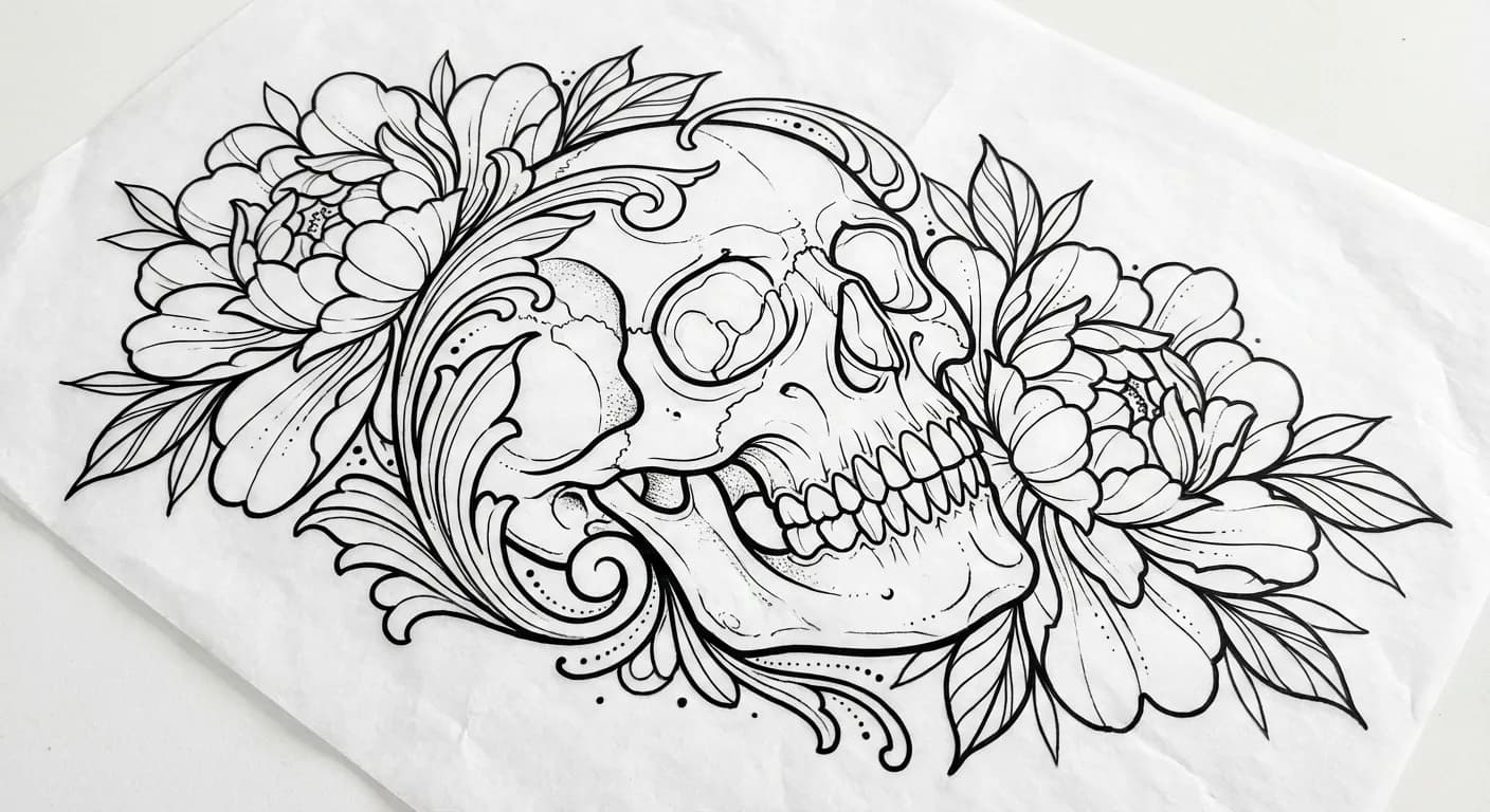 Skull with peonies