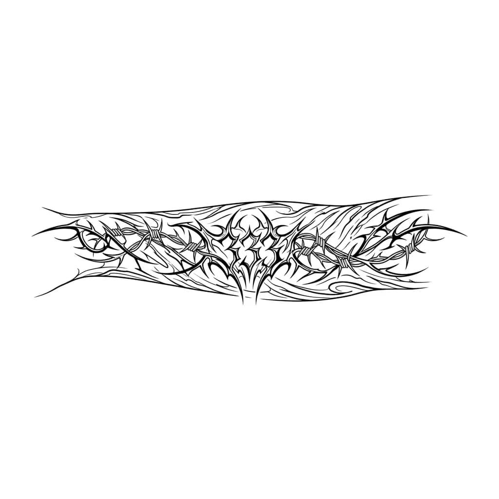 attoo design for forearm, black ink, Y2K aesthetic mixed with modern tribal style. Abstract organic tribal lines that look like skin stretching or scar-like striations, flowing naturally along the forearm. The lines subtly merge and form the number "333" hidden within the design, not too obvious at first glance. Dark, edgy, slightly gothic vibe inspired by underground aesthetics (similar to Rojuu style). Fine line details with some bold accents, high contrast, clean composition, no background