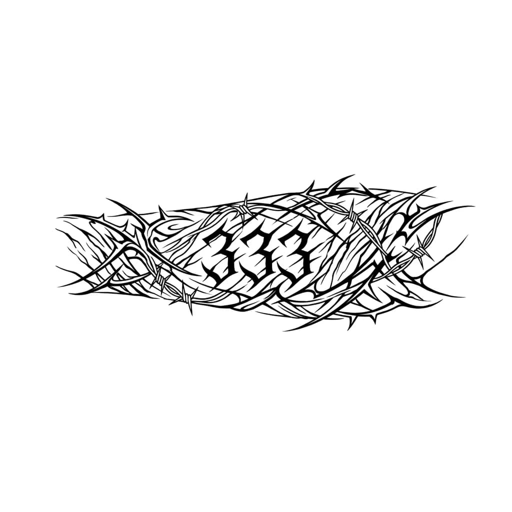 Tattoo design for forearm, black ink, Y2K aesthetic mixed with modern tribal style. Flowing abstract tribal lines that resemble skin striations or stretch marks, organic and slightly chaotic. The design should subtly and almost invisibly form the number "333" hidden within the flow of the lines, not clearly readable at first glance. The numbers should blend seamlessly into the pattern, like a hidden detail. Fine line with some bold accents, high contrast, clean stencil, no background.