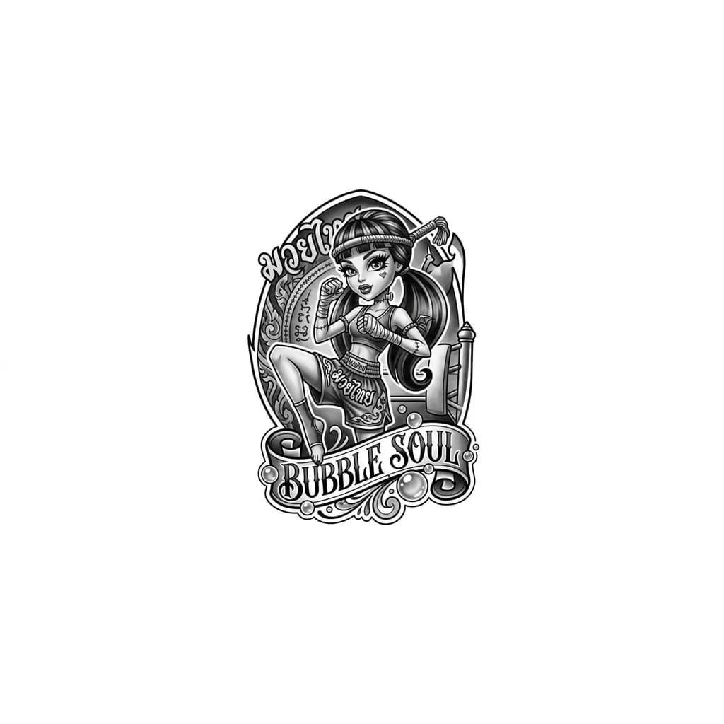 Quisiera un estilo de tatuaje en donde integres algo de las monsther high, algo sobre Muay Thai, y letras que digan bubble soul