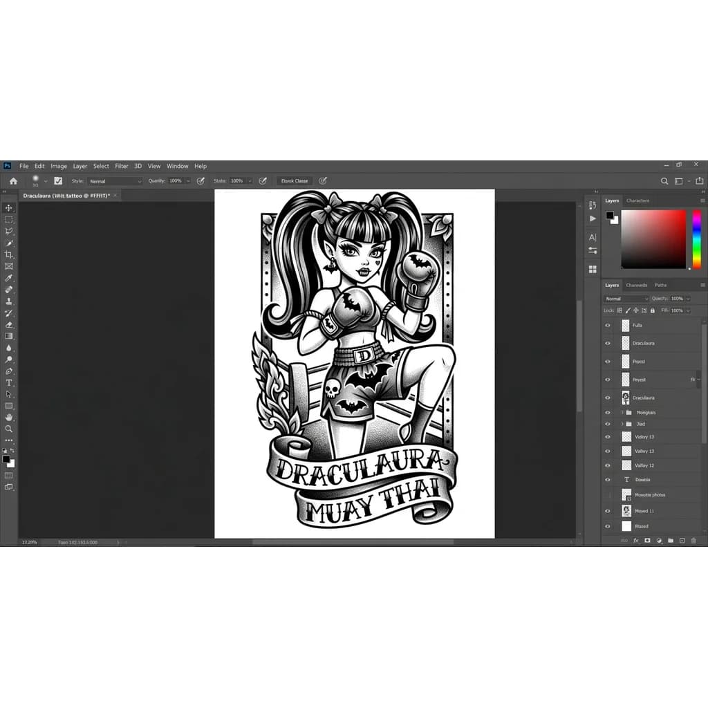 puedes crear un tatuaje de las monsther high y Muay Thai menos animado pero de Draculaura