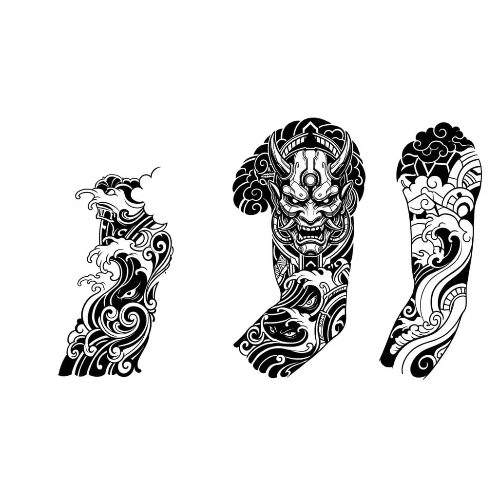 Тату эскиз: Japanese wave sleeve blackwork, large futuristic oni mask on shoulder, dark fantasy style, subtle biomechanical details, hidden eyes in waves, high contrast black and grey, flowing composition, arm tattoo design