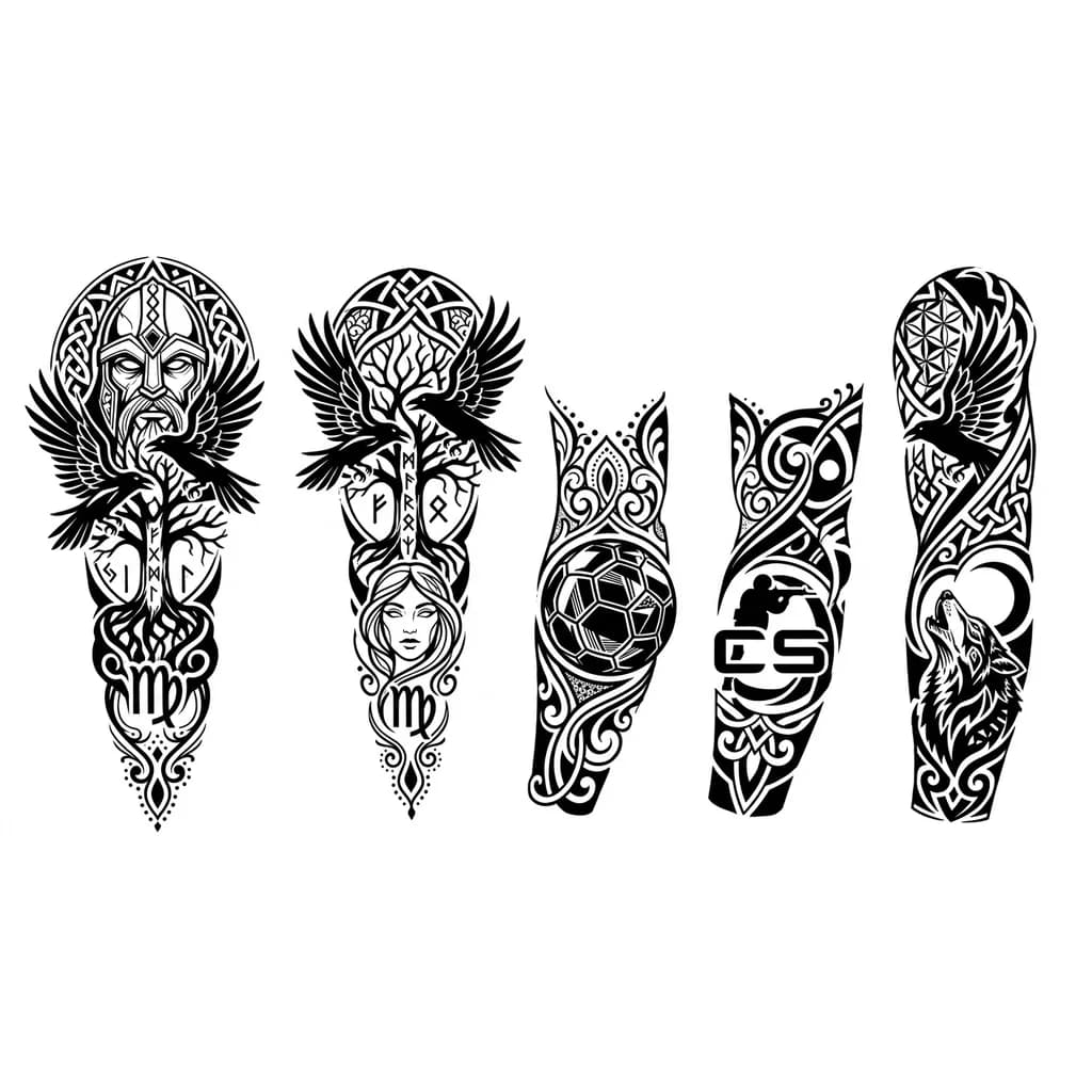 Тату эскиз: Odin, cuervos, runas vikingas junta al arbol, signo virgo con la cara de una mujer, pelota de handball, logo de cs, lobo y una luna