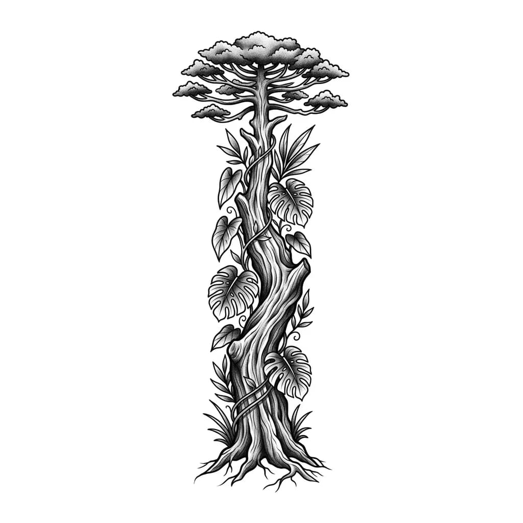 Тату эскиз: Realistic black and grey whip shading tattoo, vertical composition.
A strong Misiones jungle tree (Araucaria or Lapacho), thick trunk from ankle upward.
Minimal roots only at ankle, trunk flowing up back of leg, glute to mid-back.
Include monstera (costilla de Adán), guembe, and subtle vines.
Symbolism: strength, self-support, grounding.
Highly detailed bark, realistic shadows, flow following anatomy.
Back view, tattoo only on posterior side.