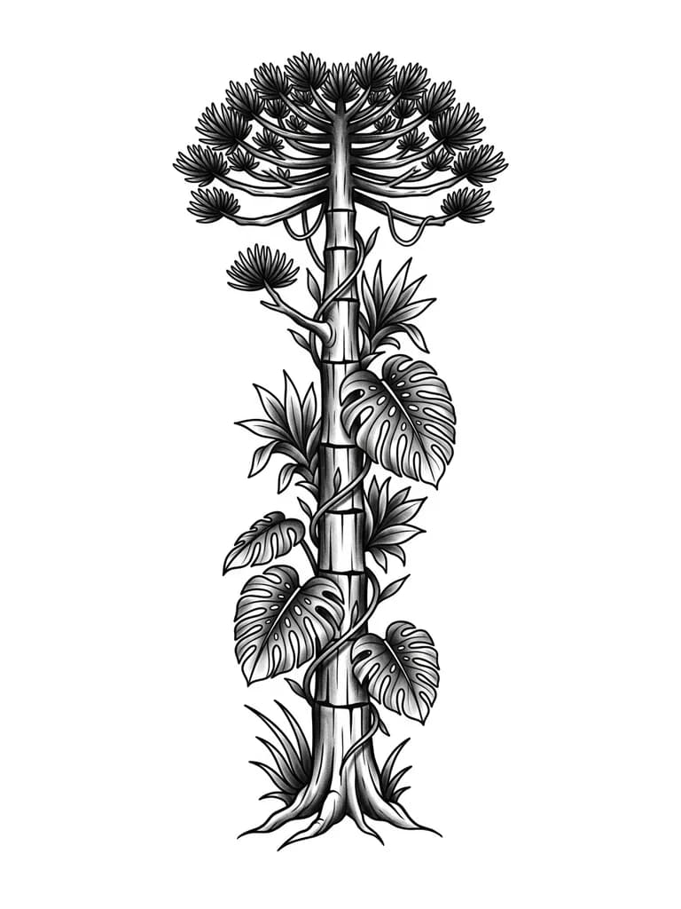 Тату эскиз: Ultra realistic black and grey whip shading tattoo, vertical.
Misiones jungle tree with anatomically accurate trunk: Araucaria (straight, segmented) or Lapacho (organic, natural branching).
Thick dominant trunk from ankle up the back of leg, through glute to mid-back.
Minimal roots at ankle only.
Add monstera (costilla de Adán), guembe, subtle vines.
Symbolism: strength, self-support, grounding.
Detailed bark, realistic shadows, natural body flow.
Back view, posterior only.