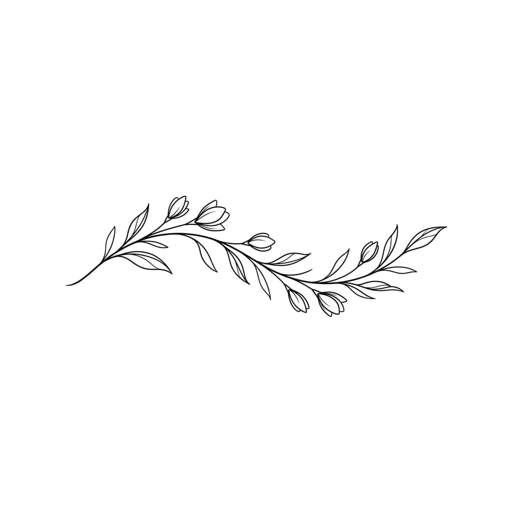 Тату эскиз: minimalist fine line botanical tattoo, thin elegant branch with leaves, flowing naturally from wrist to hand and fingers, clean simple lines, no shading, masculine, modern tattoo design, organic flow following hand shape