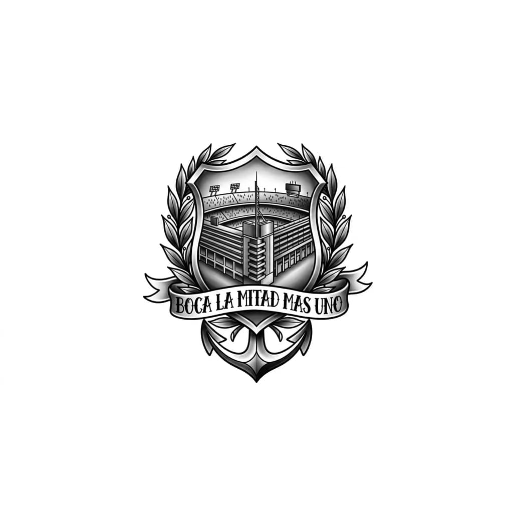 Тату эскиз: Cancha de boca, escudo antiguo con laureles, frase Boca La mitad mas uno. Todo fusionado en un diseño unico, con estilo black
