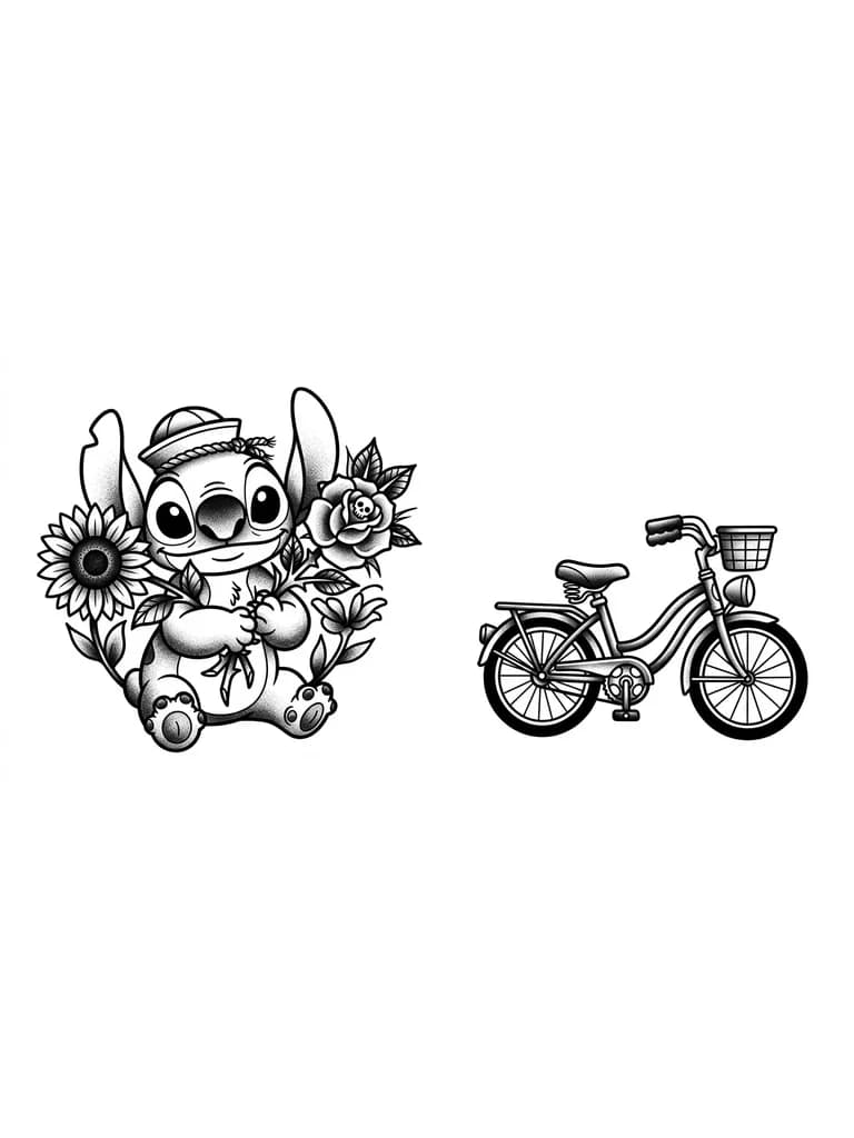 Тату эскиз: Crea un stitch con una bici y unas flores como un girasol y una rosa, ya sea que estás estén en una canastilla o las este sosteniendo stitch