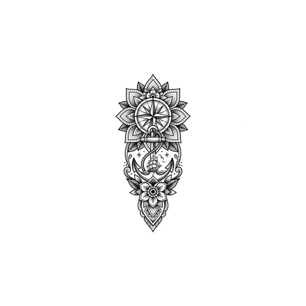 Тату эскиз: Mandala calf tattoo dot work and line work not too dark and it has to be long not a circle and pretty not manly