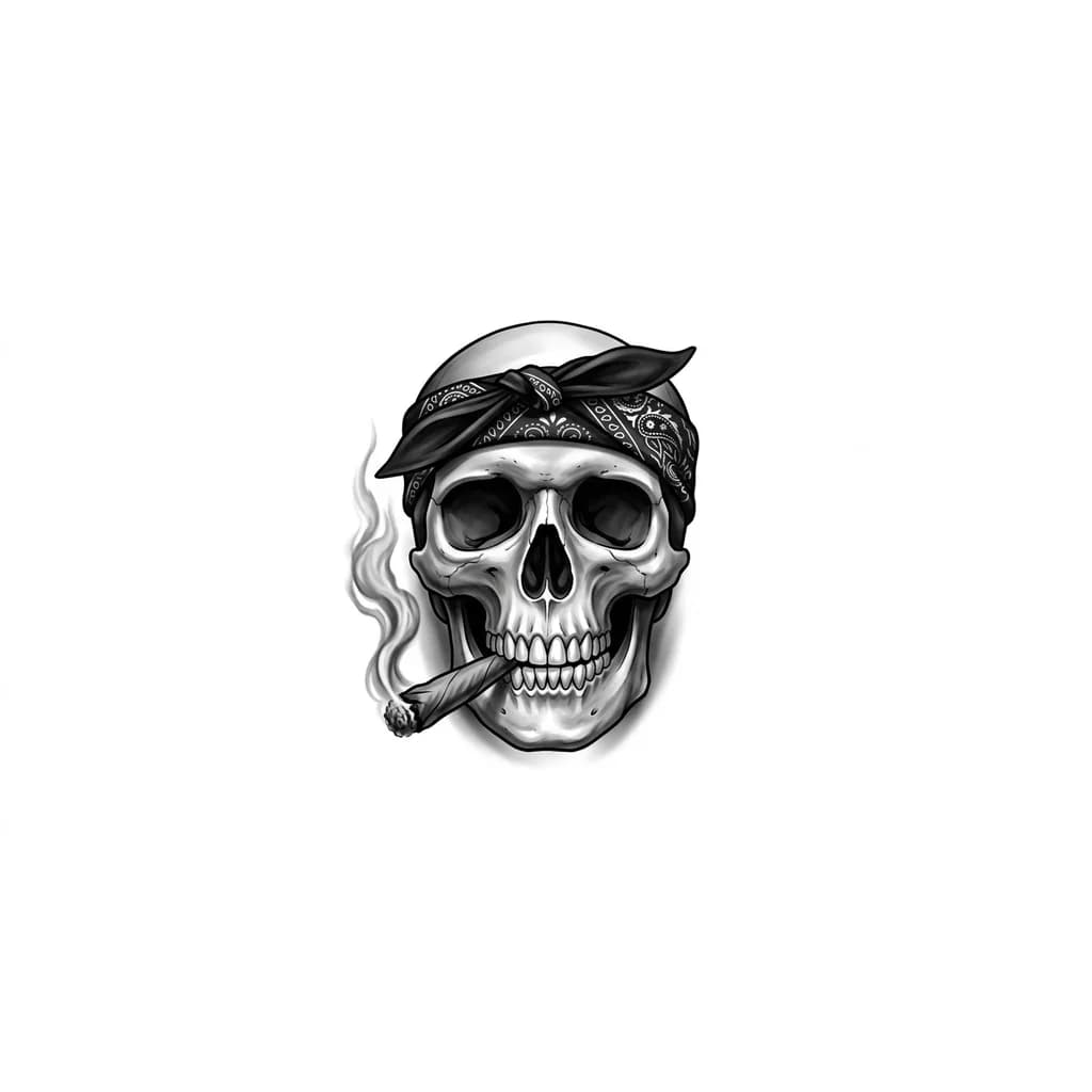 Тату эскиз: “Chicano style tattoo design of a realistic human skull smoking a marijuana blunt, black bandana tied around the forehead, black and grey only, smooth shading, soft shadows, minimal outlines, low linework, realistic tattoo flash art, gangster chicano aesthetic, no color, no background, tattoo stencil ready.”