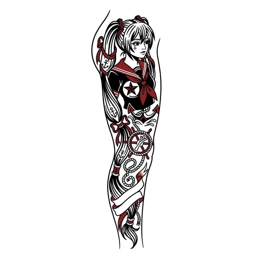 Тату эскиз: Diseña un tatuaje para hacerme en la pierna, me gusta que sea alargado y que fluya con la pierna no que sea como un óvalo gigante, me gusta hatsune miku así que puede ser algo sobre eso y que solo tenga colores rojo, negro y blanco, puedes agregarle lo que gusta pero que no quede recargado, quiero que se vea el tatuaje partes de la pierna
Que no sea tan largo debe ir desde antes de llegar al glúteo y antes de la rodilla, en ese rango del muslo