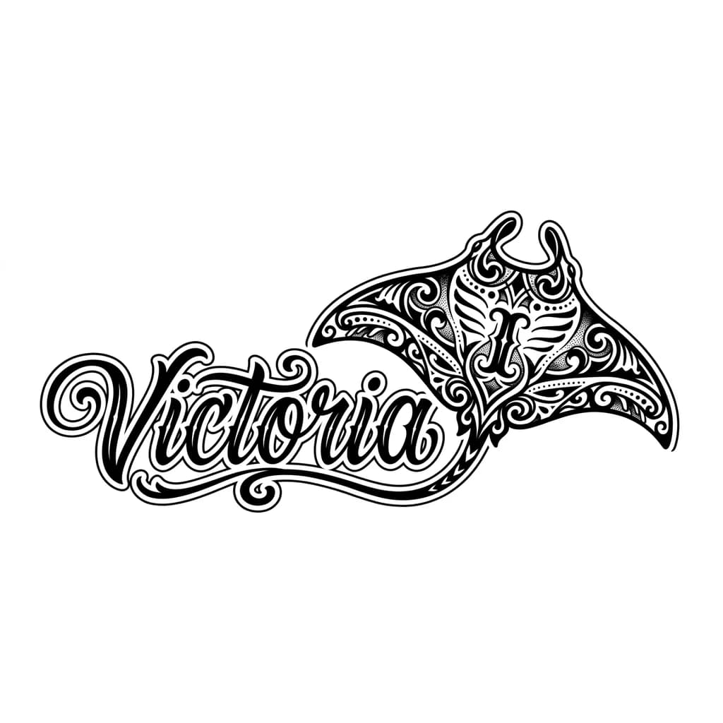 Тату эскиз: Quiero el nombre Victoria y a lado del nombre quiero una manta raya y dentro de ella la inicial I pero que no se vea tanto que es una inicial, algo sencillo
