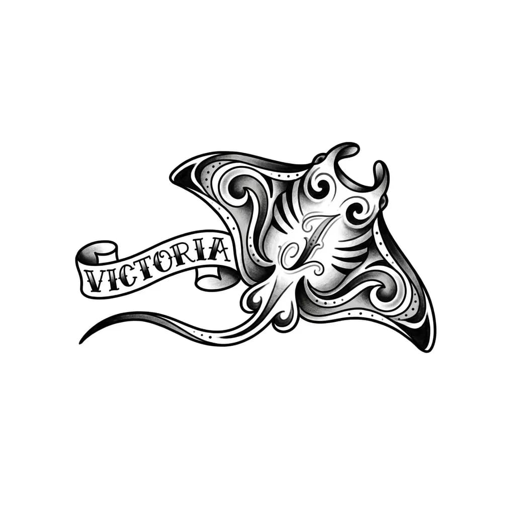 Тату эскиз: Quiero el nombre Victoria y a lado del nombre quiero una manta raya y dentro de ella la inicial I pero que no se vea tanto que es una inicial pero que no se vea tan varonil