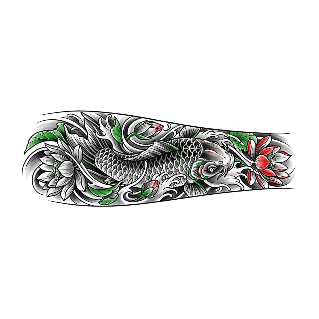 Тату эскиз: Tiene peces koi
1 o 2
Tiene que ser en blanco y negro con contraste color verde llamativo
También tiene flores de loto
Puede ser otro color que haga contraste como rojo o anaranjado