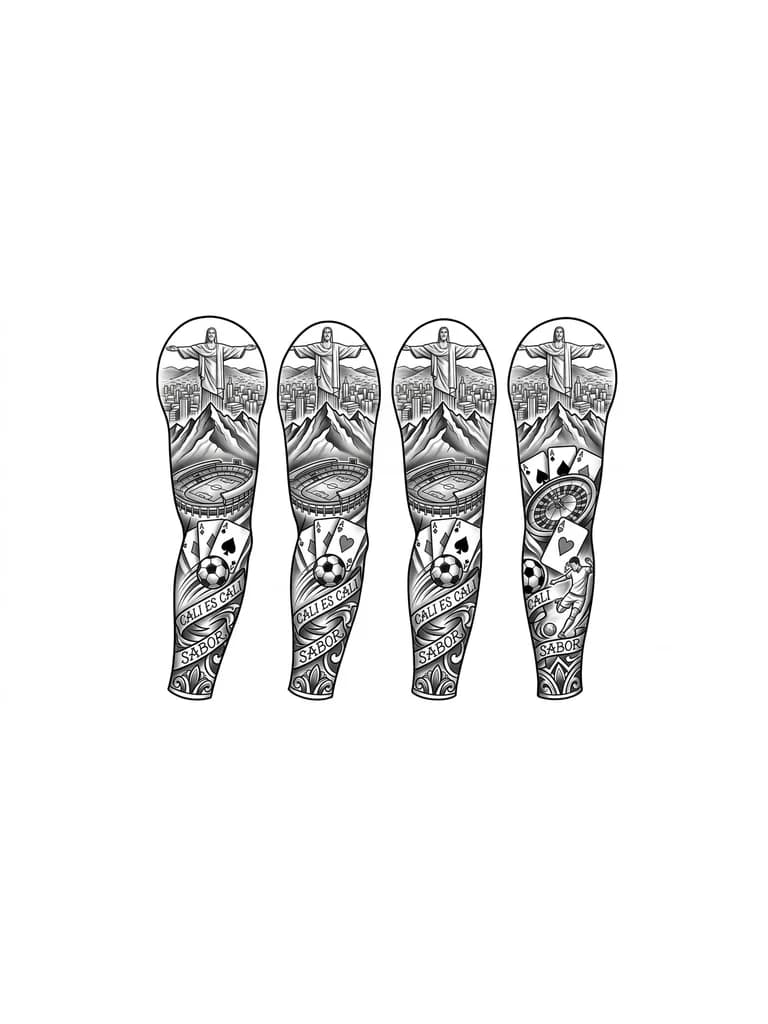 Тату эскиз: Tengo ganas de hacerme un tatuaje de toda la manga con elementos signficativos de mi ciudad cali (el estadio, cristo rey, los farallones), algo sobre casino (unas cartas por ejemplo) y algo con el futbol