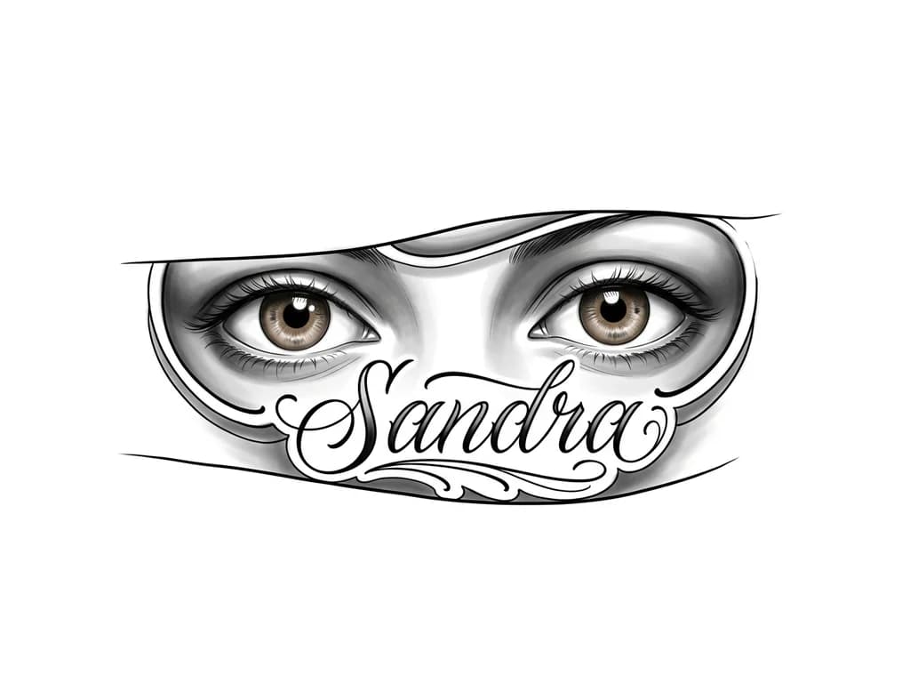 Тату эскиз: Realistic light brown eyes tattoo with elegant Sandra lettering on inner forearm, black and grey, medium size, realistic shading, soft shadows, clean design.Eso significa:
> “Tatuaje realista de ojos marrón claro con el nombre Sandra en letra elegante en la parte interna del antebrazo, en blanco y negro con sombras suaves, diseño limpio y tamaño mediano.”