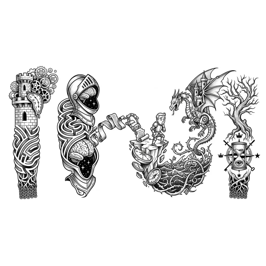 Тату эскиз: Create a small, simple medival tattoo idea, for a person who is a overthinker, a person who gets out of his comfort zone