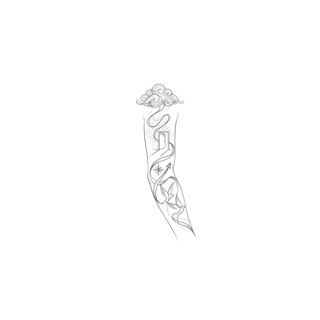 Тату эскиз: Create a small, simple tattoo idea in sleeve, for a person who is a overthinker, a person who gets out of his comfort zone,