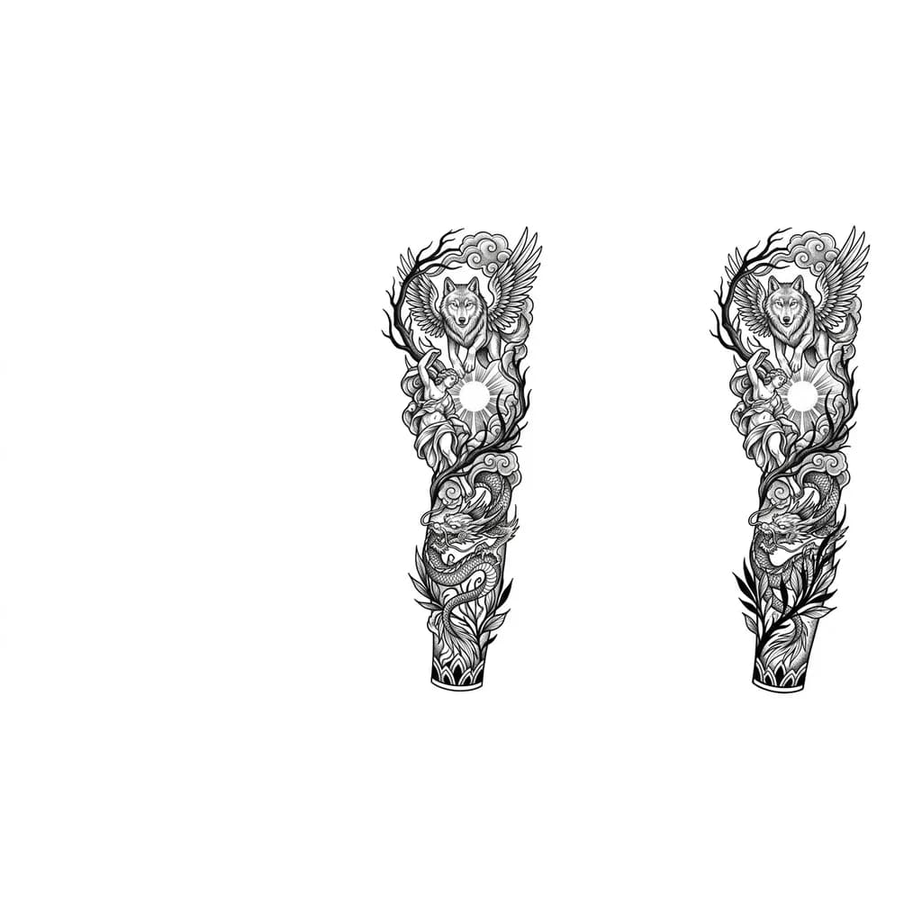 Тату эскиз: A full arm sleeve tattoo, black and grey realism. Divine figure surrounded by baroque human figures in dramatic poses, Michelangelo-inspired. Winged wolf, coiling dragon on lower arm, rays from glowing orb. Dark branches, clouds and nature connect all elements. Seamless wrap, no empty spaces. Ultra detailed fine line shading, deep contrast, photorealistic tattoo rendering, professional lighting.