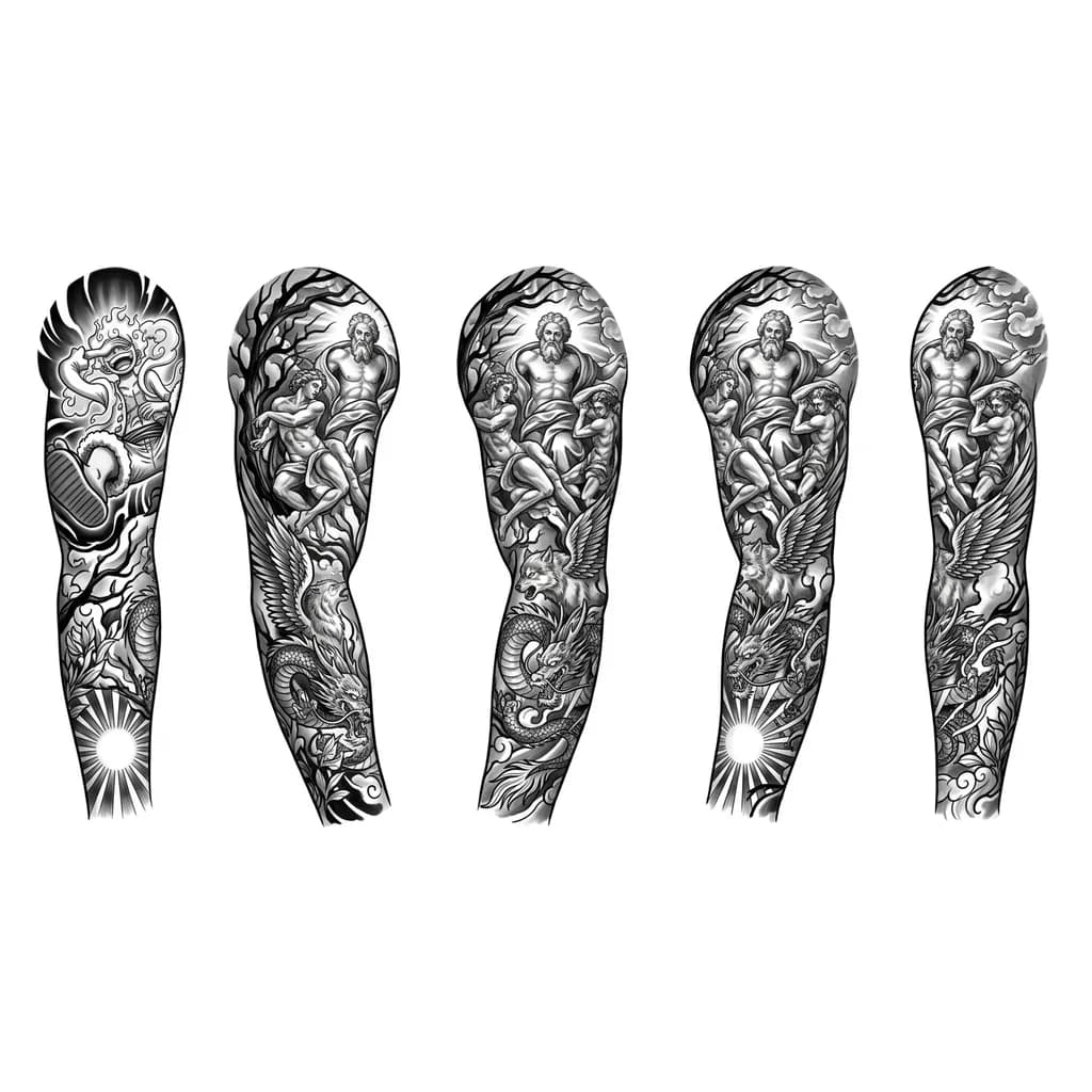 Тату эскиз: A full arm sleeve tattoo, black and grey realism. Shoulder features Luffy Gear 5 Haki aura radiating powerfully. Divine figure surrounded by baroque human figures in dramatic poses, Michelangelo-inspired. Winged wolf, coiling dragon on lower arm, rays from glowing orb. Dark branches, clouds and nature connect all elements. Seamless wrap, no empty spaces. Ultra detailed fine line shading, deep contrast, photorealistic tattoo rendering, professional lighting.