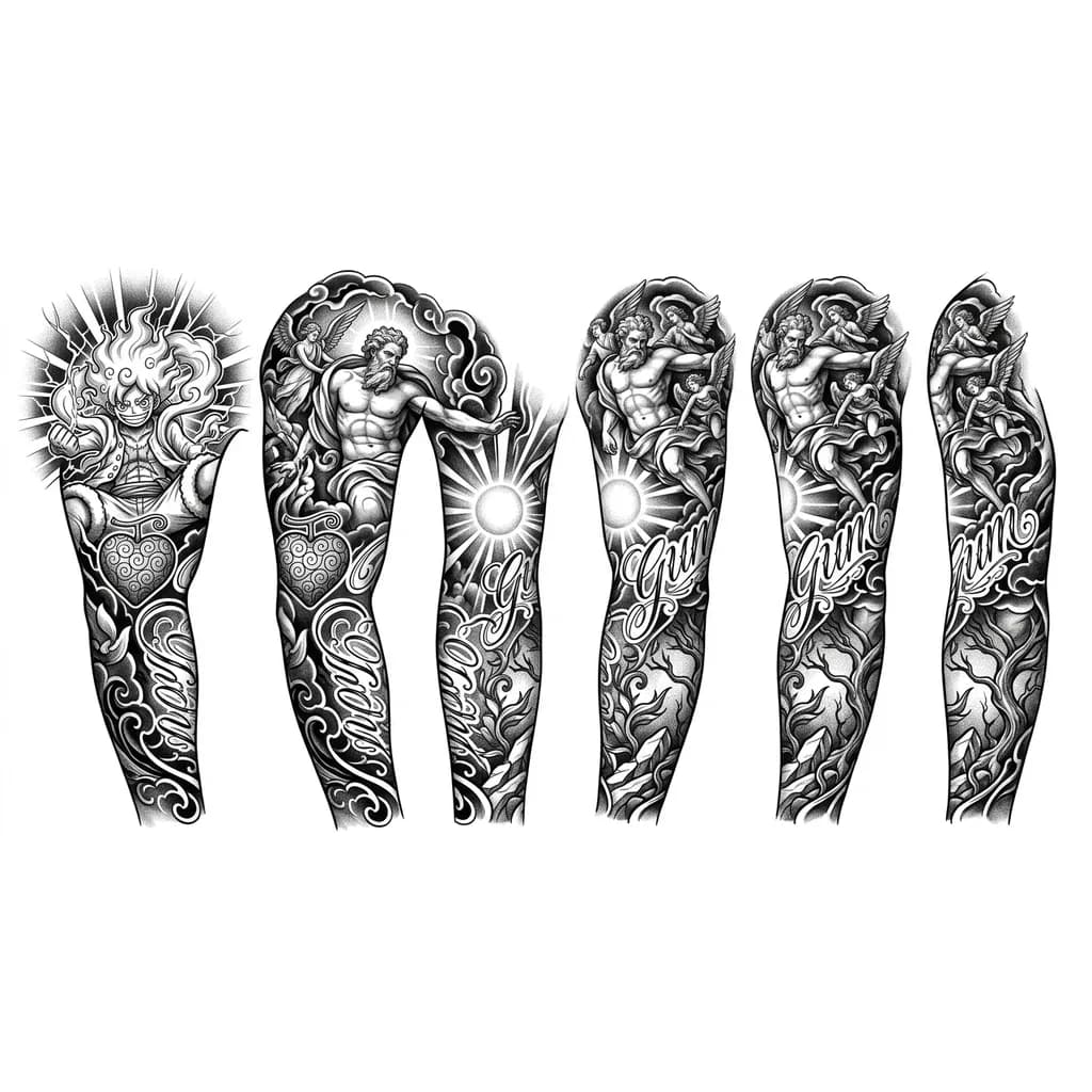 Тату эскиз: A full arm sleeve tattoo, black and grey realism. Shoulder features Luffy Gear 5 Haki aura radiating powerfully. Ope Ope no Mi fruit integrated into composition. Powerful god surrounded by angels in dramatic baroque poses, Michelangelo-inspired. Elegant script letters flowing through design. Rays of light from glowing orb. Dark clouds and nature connect all elements. Seamless wrap, no empty spaces. Fine line shading, deep contrast, photorealistic tattoo rendering, professional lighting.