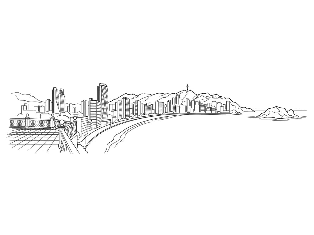 Тату эскиз: Quiero un tatuaje en horizontal paronamico de la playa de benidorm, zona de levante. Que la paronamica empiece desde el mirador del benidorm, pasando por el paseo maritimo (la playa, paseo, hoteles y apartamentos, la montaña con la cruz de benidorm) y acabe en la isla de benidorm.