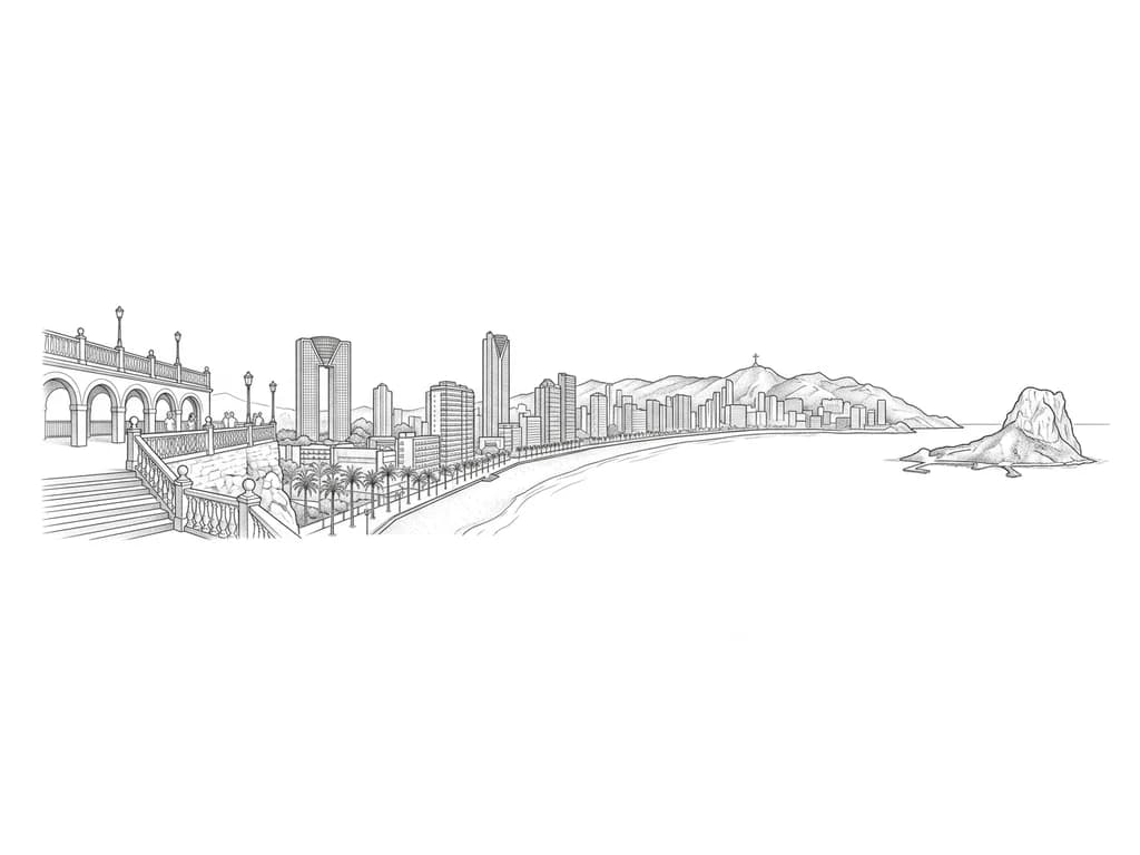 Тату эскиз: Quiero un tatuaje en horizontal paronamico de la playa de benidorm, zona de levante. Que la paronamica empiece desde el mirador del benidorm, pasando por el paseo maritimo (la playa, paseo, hoteles y apartamentos, la montaña con la cruz de benidorm) y acabe en la isla de benidorm. Pero tienes que fijarte bien como es el mirador de benidorm y como es la isla de benidorm para poner exactamente los detalles.
