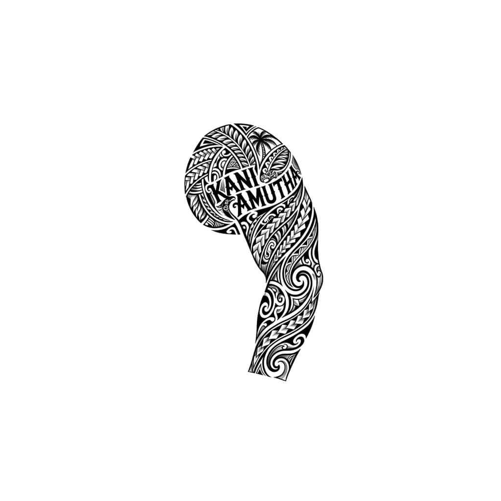 Тату эскиз: I want a modern Polynesian tribal half sleeve with my wife’s name ‘Kani Amutha’ blended into the upper design, flowing naturally down to the wrist like luxury blackwork