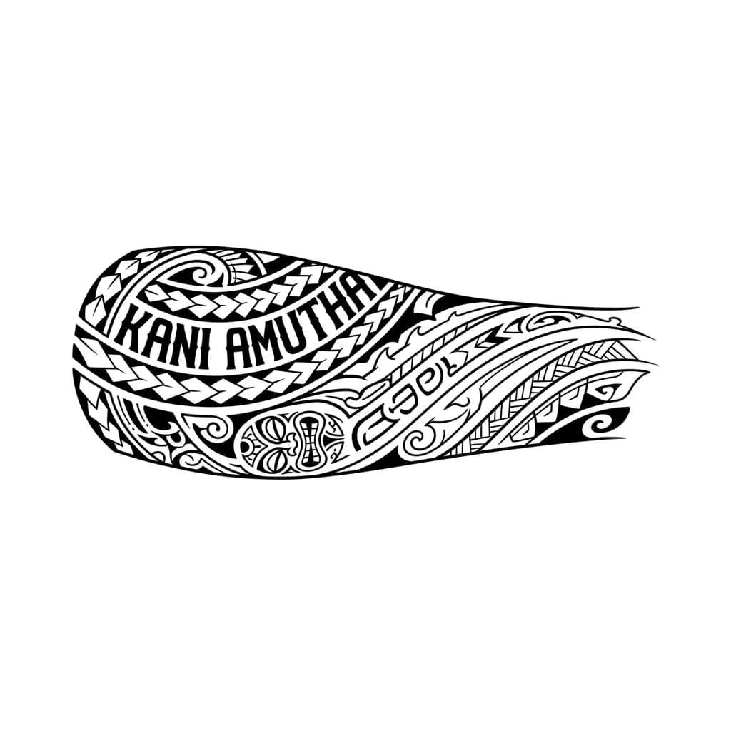 Тату эскиз: I want a modern Polynesian tribal half sleeve with my wife’s name ‘Kani Amutha’ blended into the upper design, flowing naturally down to the wrist like luxury blackwork