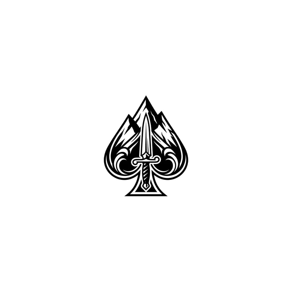 Тату эскиз: Minimalist black tattoo, black spade symbol merged with mountain peaks, thin caucasian dagger inside the spade, dark masculine aesthetic, geometric style, clean tattoo stencil, blackwork, sharp lines, small chest tattoo