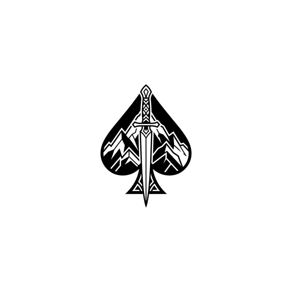 Тату эскиз: Minimalist black tattoo, black spade symbol merged with mountain peaks, thin caucasian dagger inside the spade, dark masculine aesthetic, geometric style, clean tattoo stencil, blackwork, sharp lines, small chest tattoo