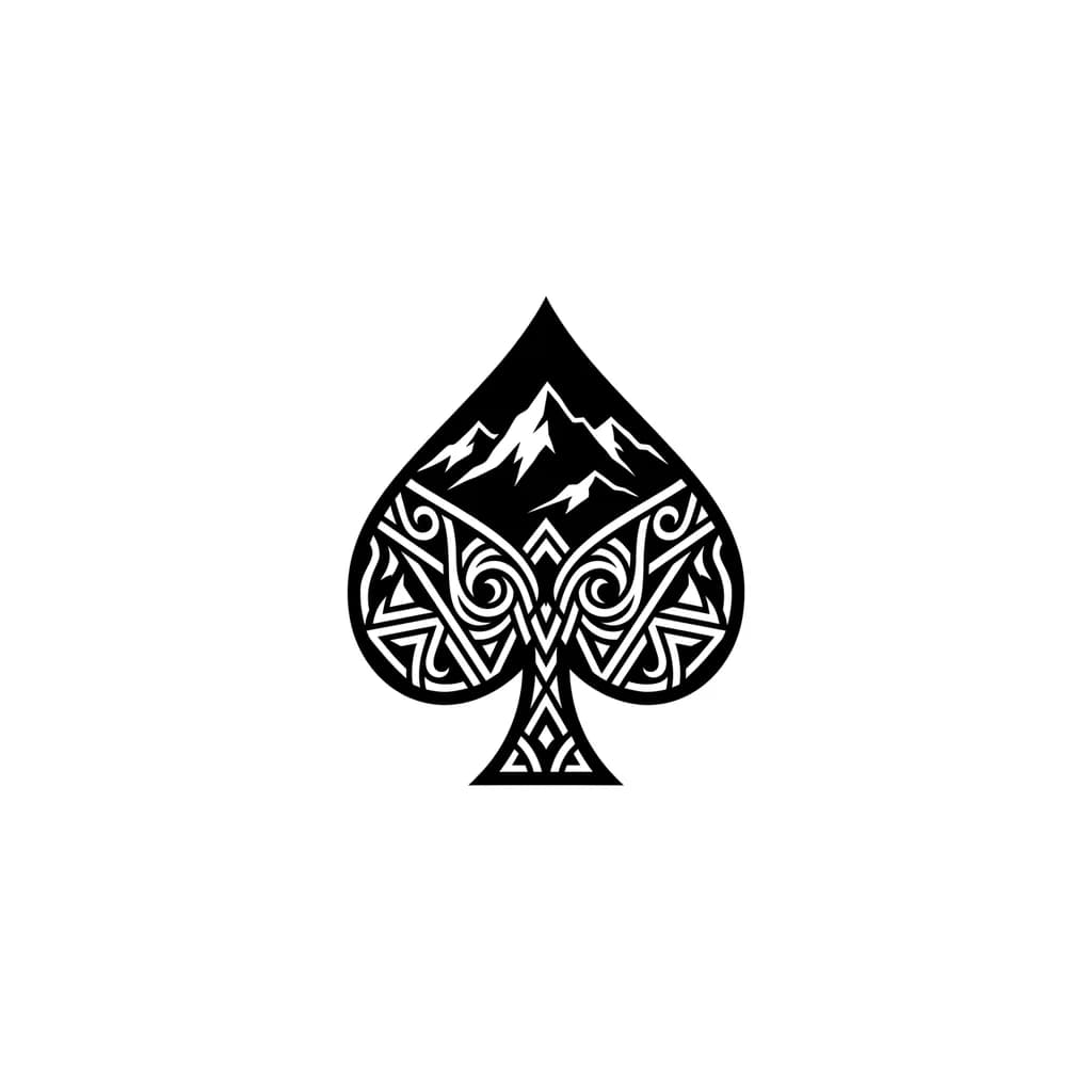 Тату эскиз: Dark masculine tattoo, black spade with mountain silhouette and ornamental caucasus patterns, minimalist blackwork, luxury aesthetic, sharp geometry, realistic tattoo sketch
