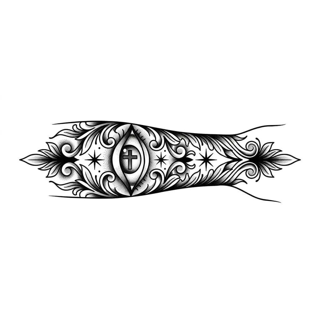 Тату эскиз: It’s basically a detailed eye with a cross in middle of it and I want the design to extend to my hand but the eye be on forearm
