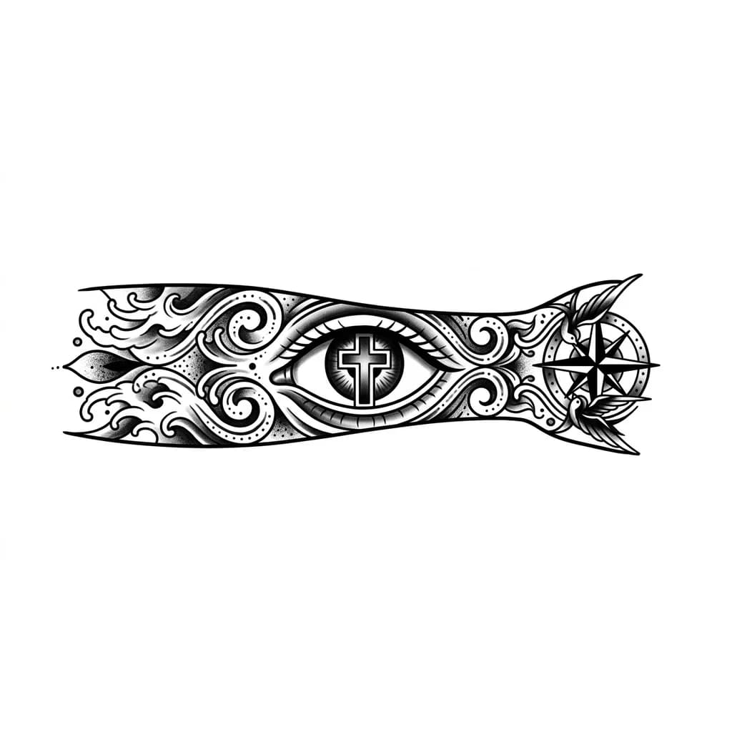 Тату эскиз: It’s basically a detailed eye with a cross in middle of it and I want the design to extend to my hand but the eye be on forearm for a men but eye sideways