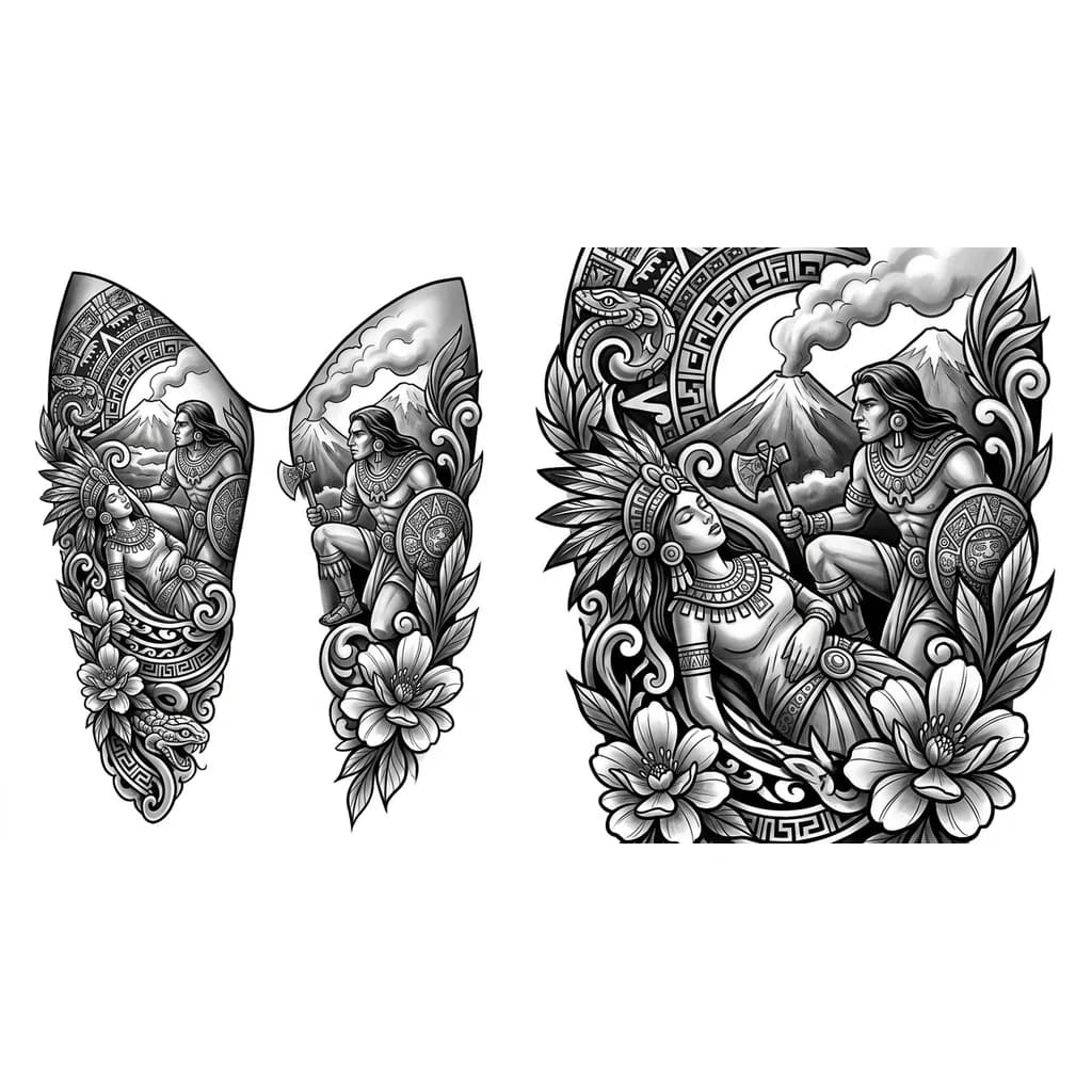 Тату эскиз: I would like to create a right thigh to ankle tattoo. I want to make the aztec popocatépetl and iztaccíhuatl my main pice and i want to fill it in with flowers and some aztec designs