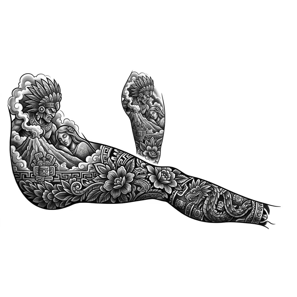 Тату эскиз: I would like to create a right outer thigh to ankle tattoo. I want to make the aztec popocatépetl and iztaccíhuatl my main pice and i want to fill it in with flowers and some aztec designs