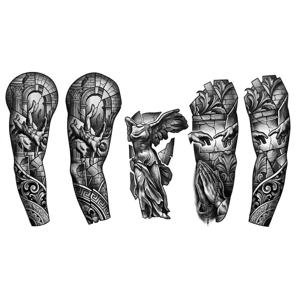 Тату эскиз: Roman patchwork style black, whites and greys some detail but not too much. Use mix of statues, mythology, architecture but also include Icarus falling. It will be for a left arm. Include the following aswell: two fingers touching, praying hands with rosary beads, a ruin of a female body statue with wings